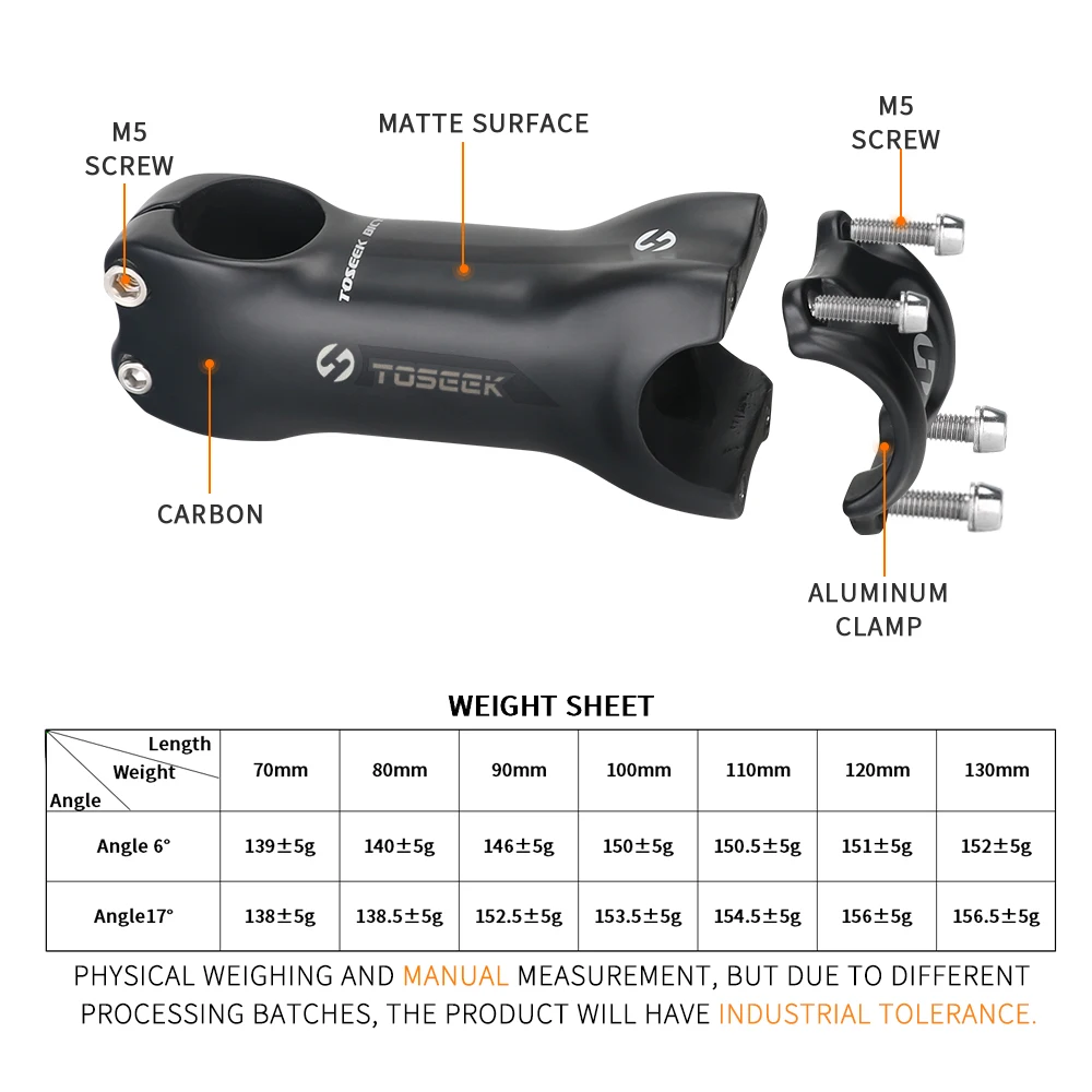 Toseek  Black Matte 31.8 Mtb Handlebar Stem 6/17Degree Bicycle Stem 70/80/90/100/110/120/130Part Bike Stemebike Carbon Stem