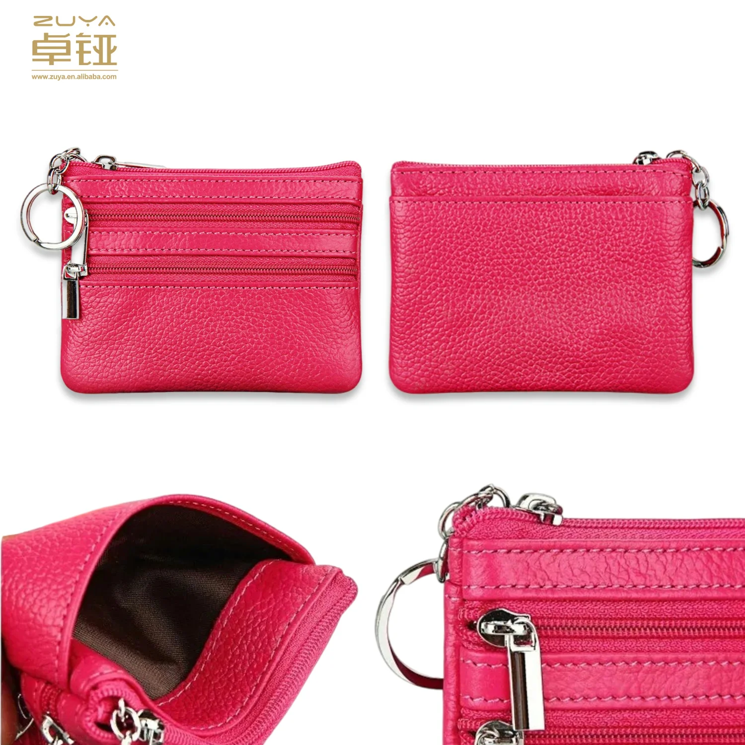 Personalized Mini Genuine Cow Leather Clutch Bag Zipper Coin Purse with Key Chain