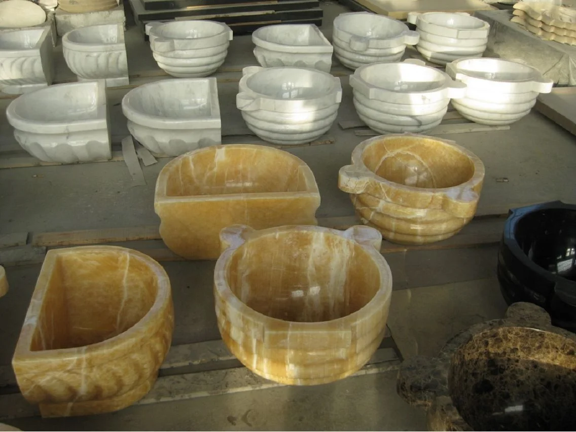 Turkish Beige Marble Carved Bath Hammam Kurna Sink For Spa Bathroom