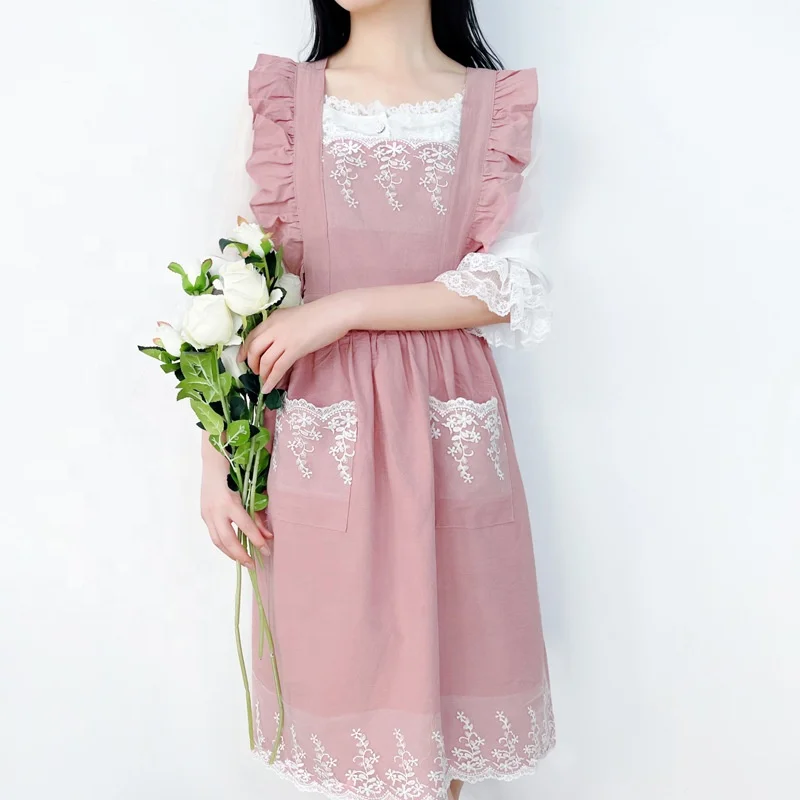 DUOLAI Ruffles Lace Shoulder Belt Apron For Female Summer Breathable Mesh Red Girl Cotton Linen Garden Baking Fly New Apron