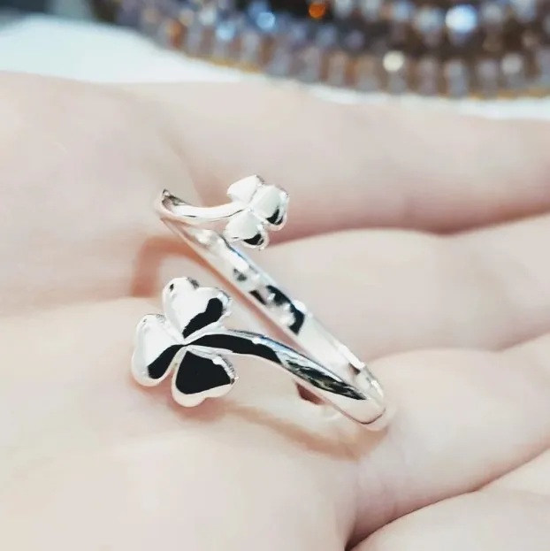 Silver Plated Shamrock Wrap Ring Adjustable Clover Lucky Charm Flower Stud Good Luck Ring Birthday Gift