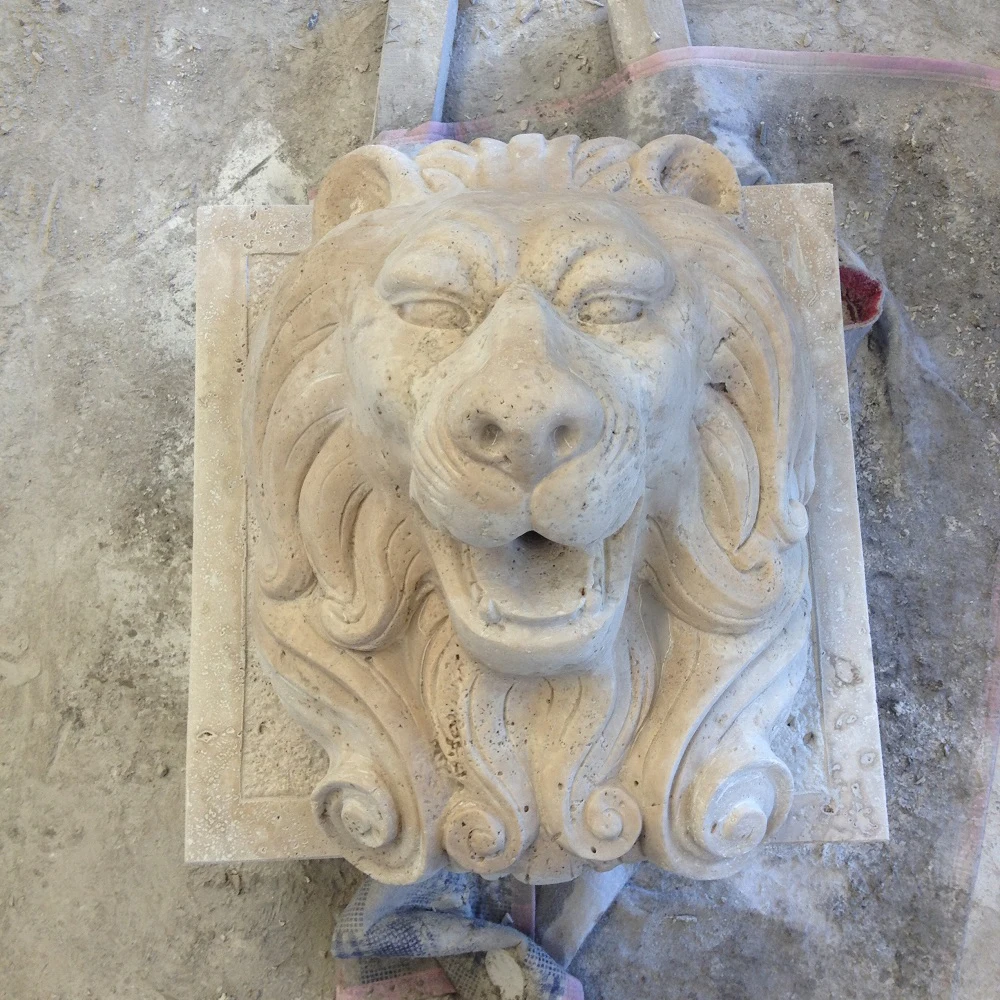 Beige travertine natural stone lion head omitting water wall fountain