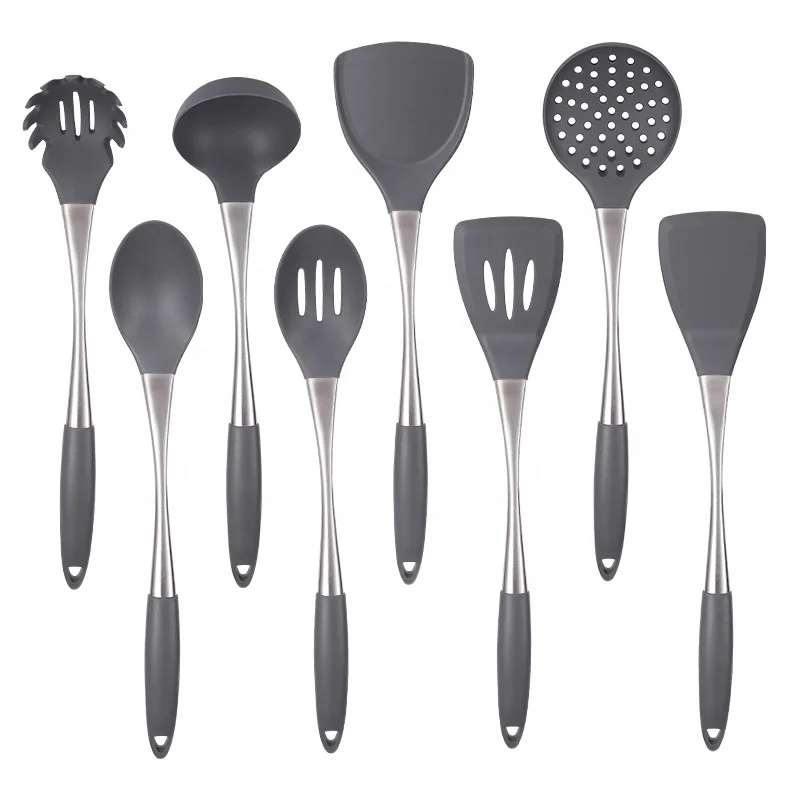 100% Eco-friendly Food Grade Cooking Tools 8pcs Kitchen Utensil Set Silicone Stainless Steel Cooking utensil Tools Kitchenware