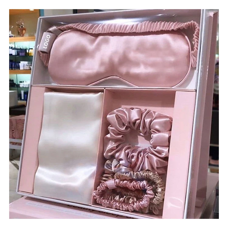 Custom logo pure silk pillowcase scrunchie with box hair tie 100% mulberry silk sleep eye mask and pillow case set