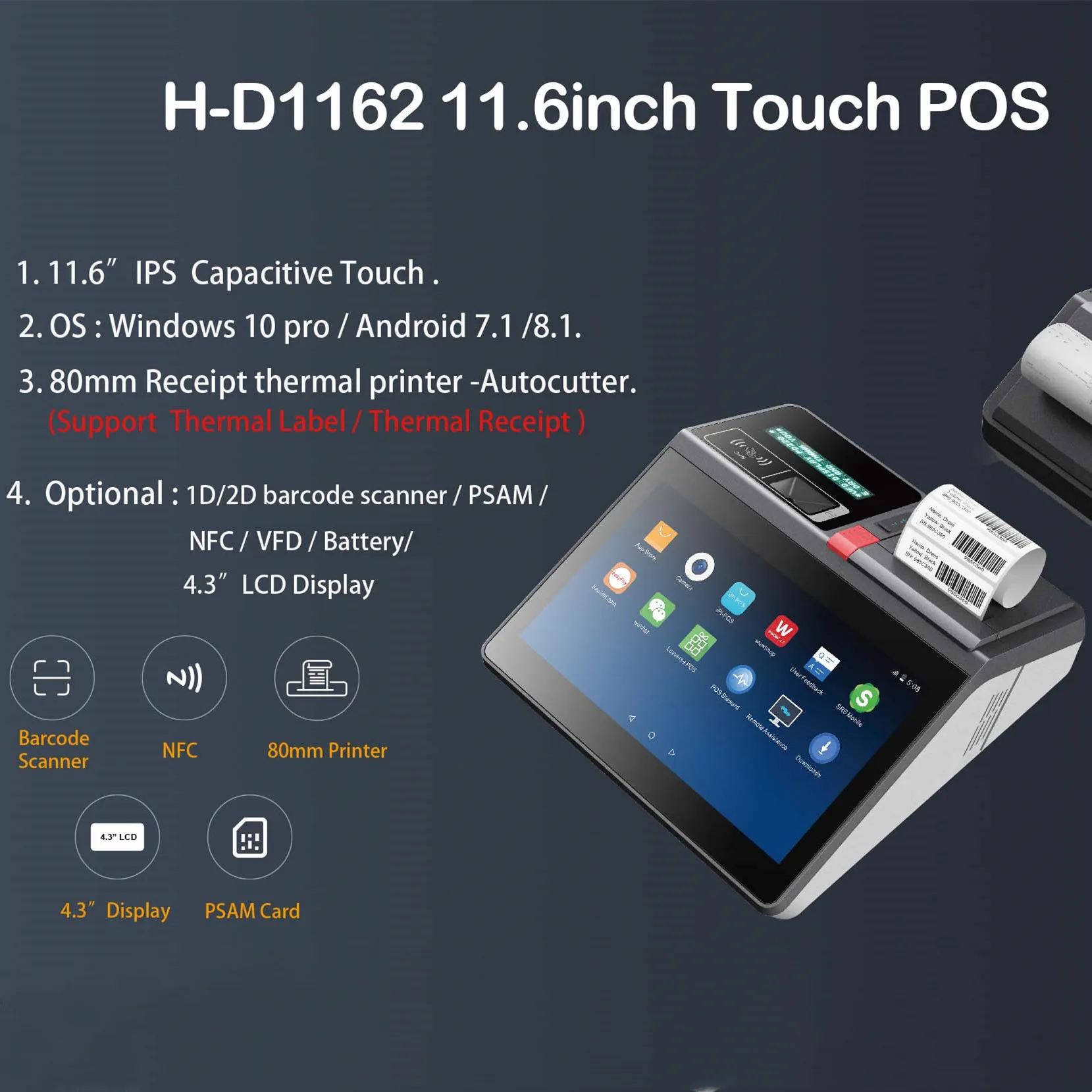 11.6 inch Android All in One windows New Cash Register Desktop Tablet Pos Systems Terminal Touch Screen Pos Machine