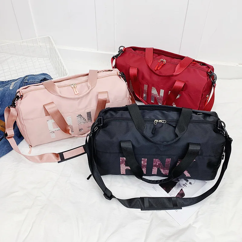 Customized Glitter Shiny Logo Large Capacity Pink Duffle Bags Women Waterproof Sports Travel Duffel Bags With Shoe Compartment