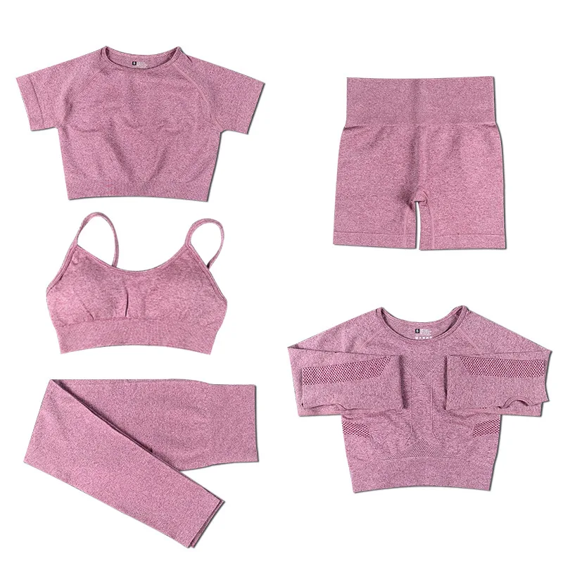 Wholesale Women Sportswear Quick Dry Sports Wear Crop Top Bra Suits Yoga Leggings Set Polyester Spandex 5 Pieces Gym Fitness Set