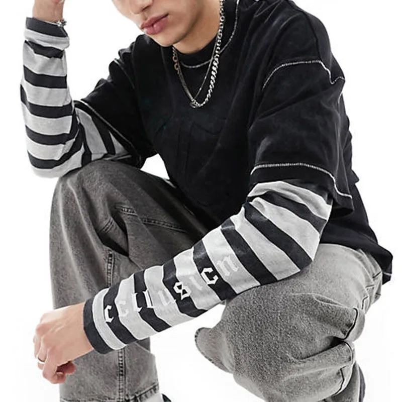 Custom logo double layer long sleeve t-shirt for mens long sleeve t shirts