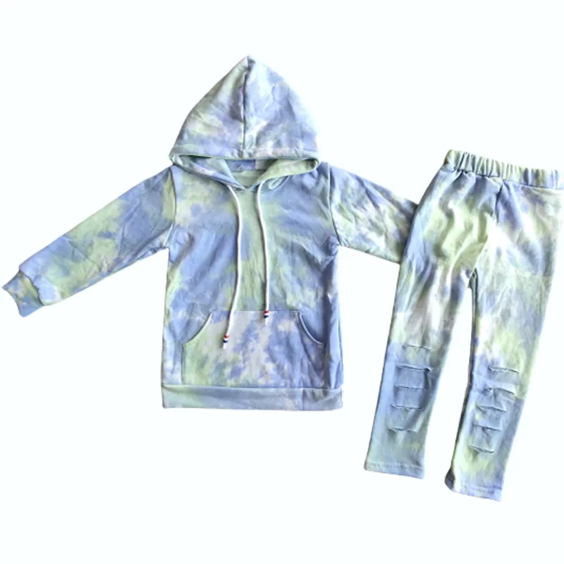 Autumn and winter boutique boys and girls tie dyed colorful Hoodie + perforated tights set 0-16 years old baby clothes