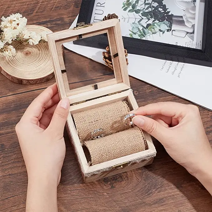 Wooden Wedding Ring Box Vintage Double Ring Display Organizer Rustic Style Jewelry Box