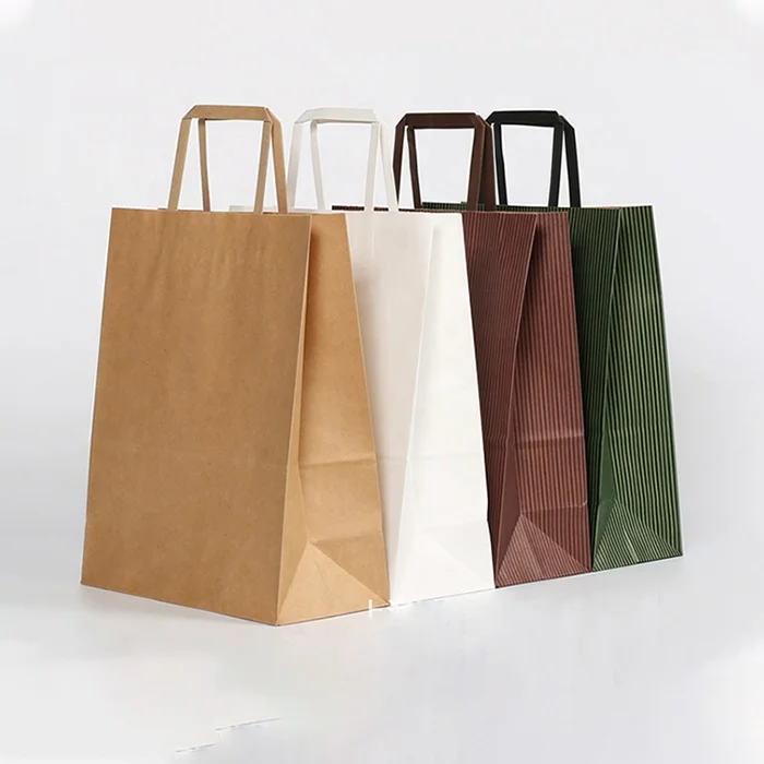 Custom Made Flat Paper Handles Brown Takeaway Fast Food Kraft Paper Bag For Restaurant Packaging