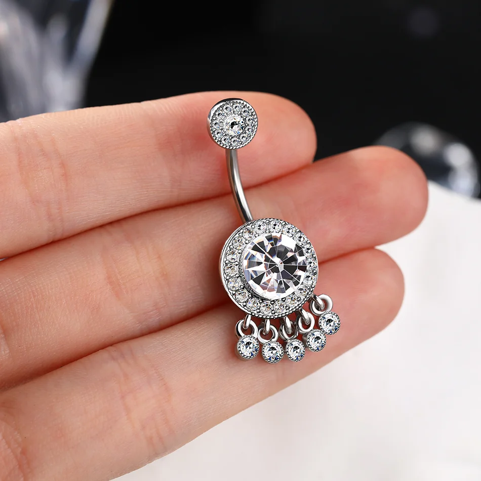 Body Jewelry Internally Threaded Surgical Steel Large Double Tier Pave CZ Belly Ring With Little Diamond Paved Jewelry