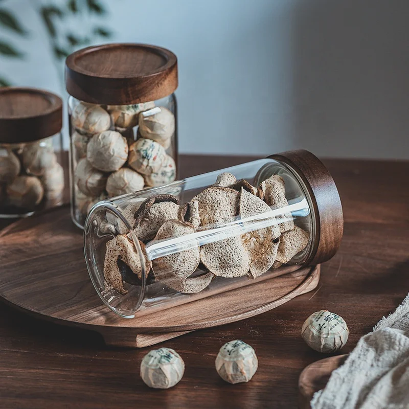 High Quality Luxurious Acacia Wood Material Kitchen Spice Storage Glass Jar with Black Wooden Lid