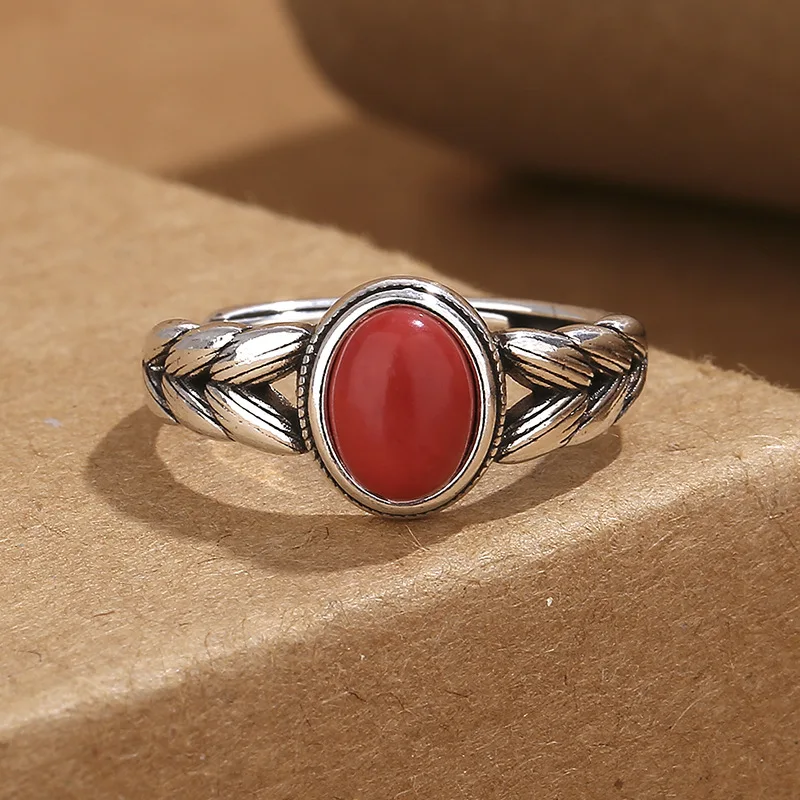 Fashion Wheat Ear Ring South Red Agate Gemstone Rings Vintage Wheat Designed Adjustable Rings Stylish Carnelian Ring