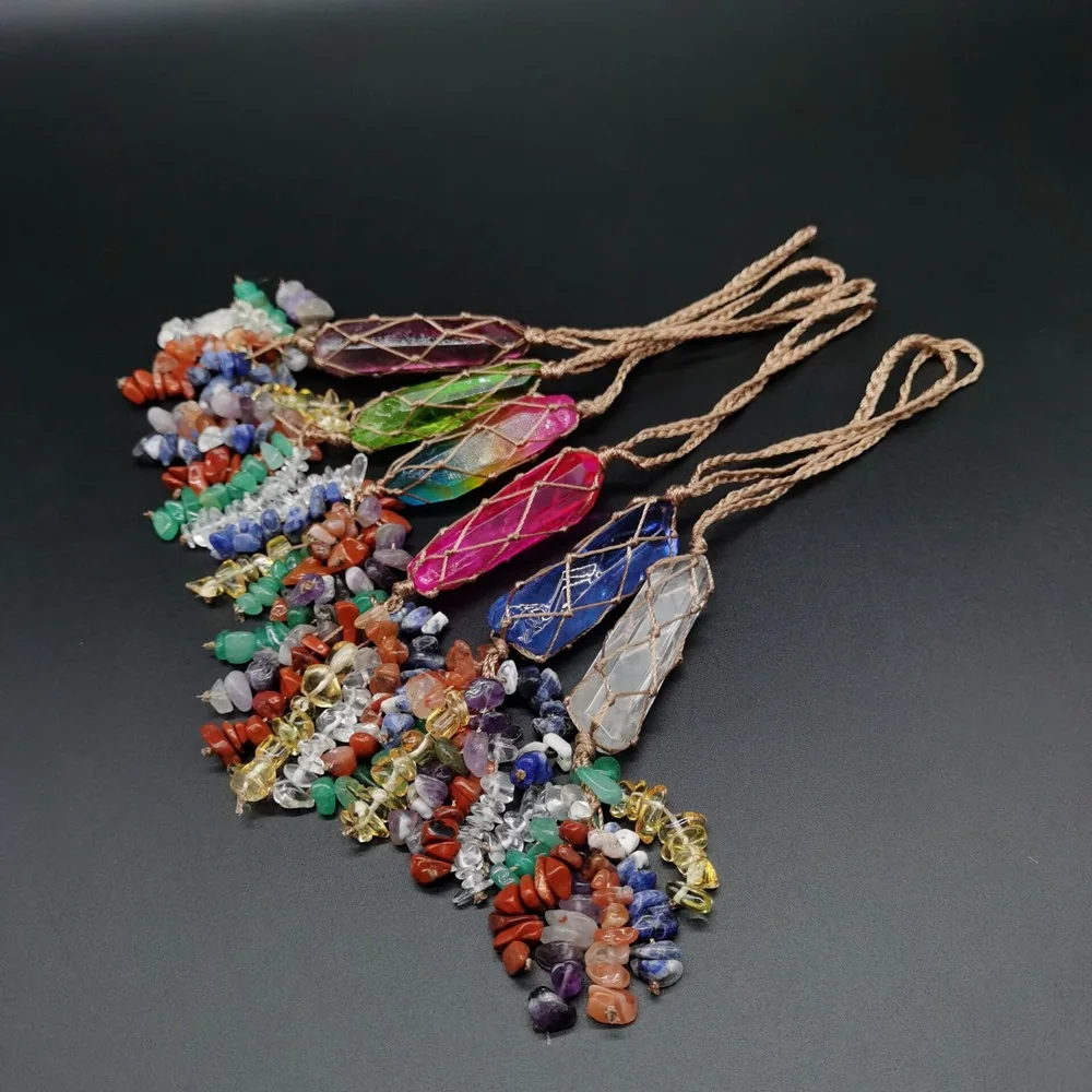 Wholesale Woven Net Natural Crystal Pendant 7 Chakras Healing Energy Stone Pendant Car Cube For Decoration
