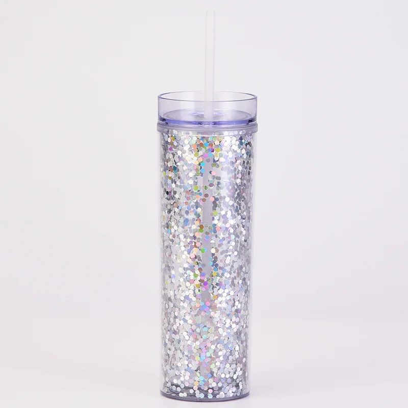 European and American popular fashion boutique transparent sequins double layer thickened and fall resistant plastic cups 450ml