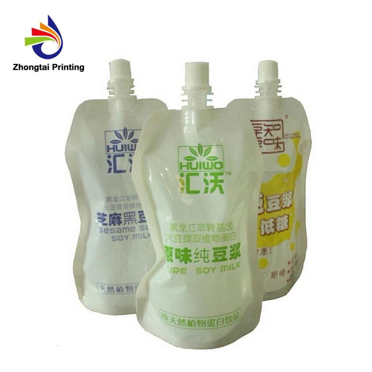 soybean milk pouch with spout on corner for household use