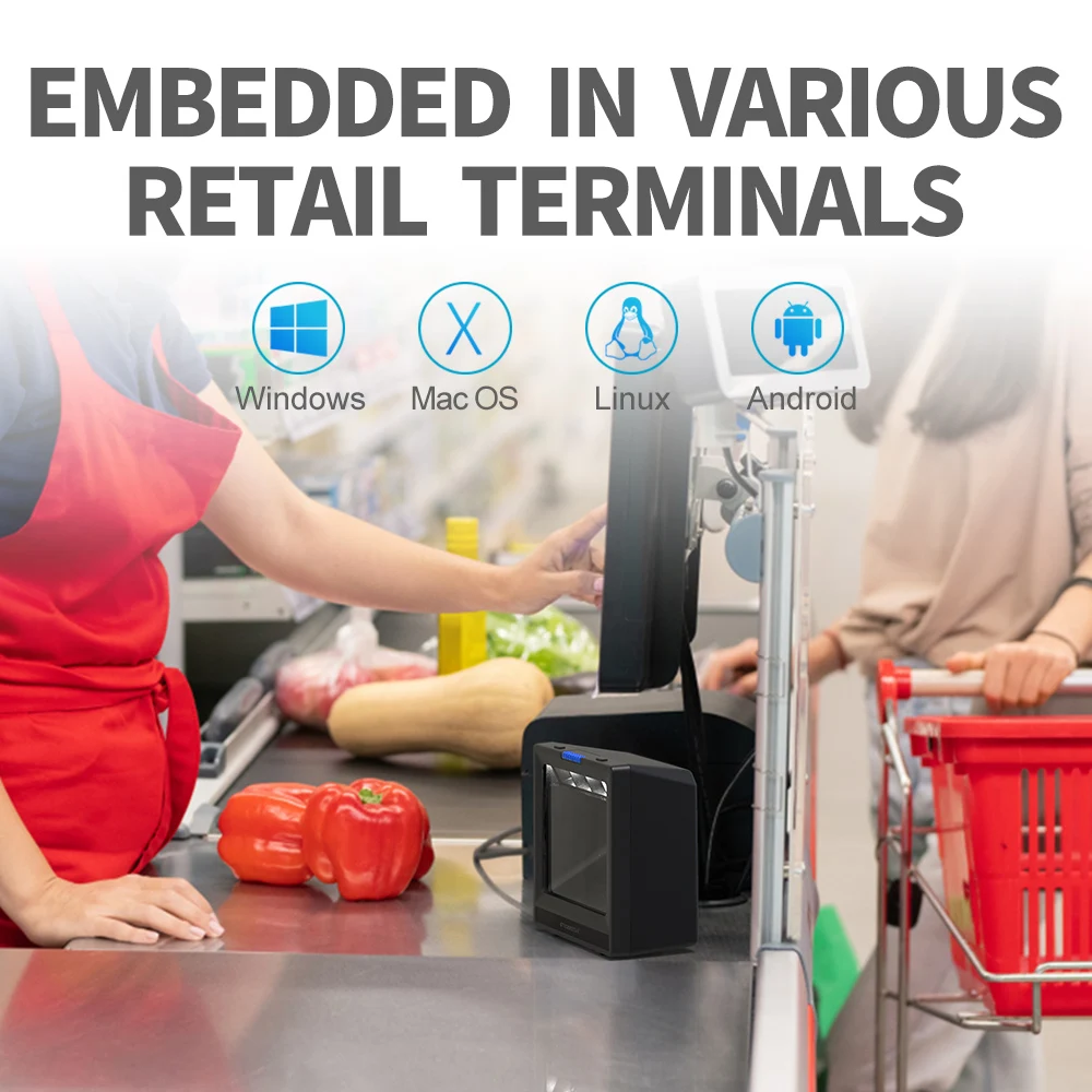 China 2D Cmos Usb/Rs232 0mni-Directional Wireless Or Scanner Auto Scan Desktop Barcode Scanner