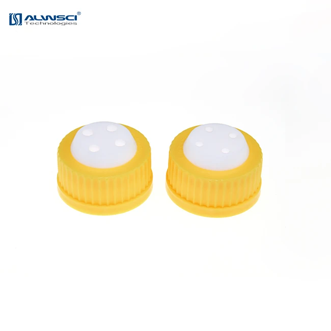 Plastic blue GL45 safety cap with two holes for 1/8 inch OD tubing.