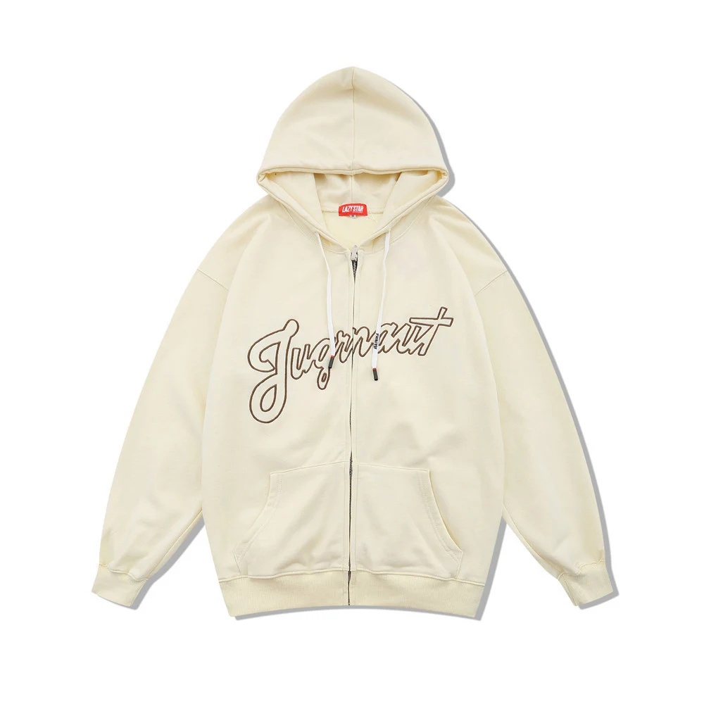 Custom high quality draw string kangaroo pocket letter embroidery fleece 100% cotton solid color zip up hoodie men