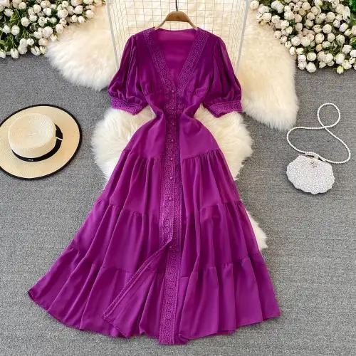 Mixed Fabric Slim & long style v neck dress One-piece big swing long skirt breathable beach dress 848218