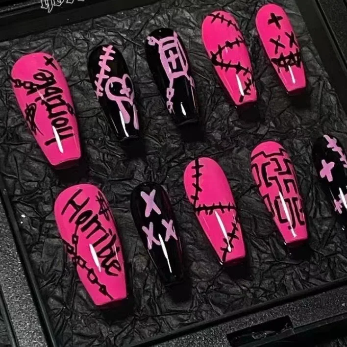 High quality hand painted black pink sweet style medium long wear nails false nail beauty