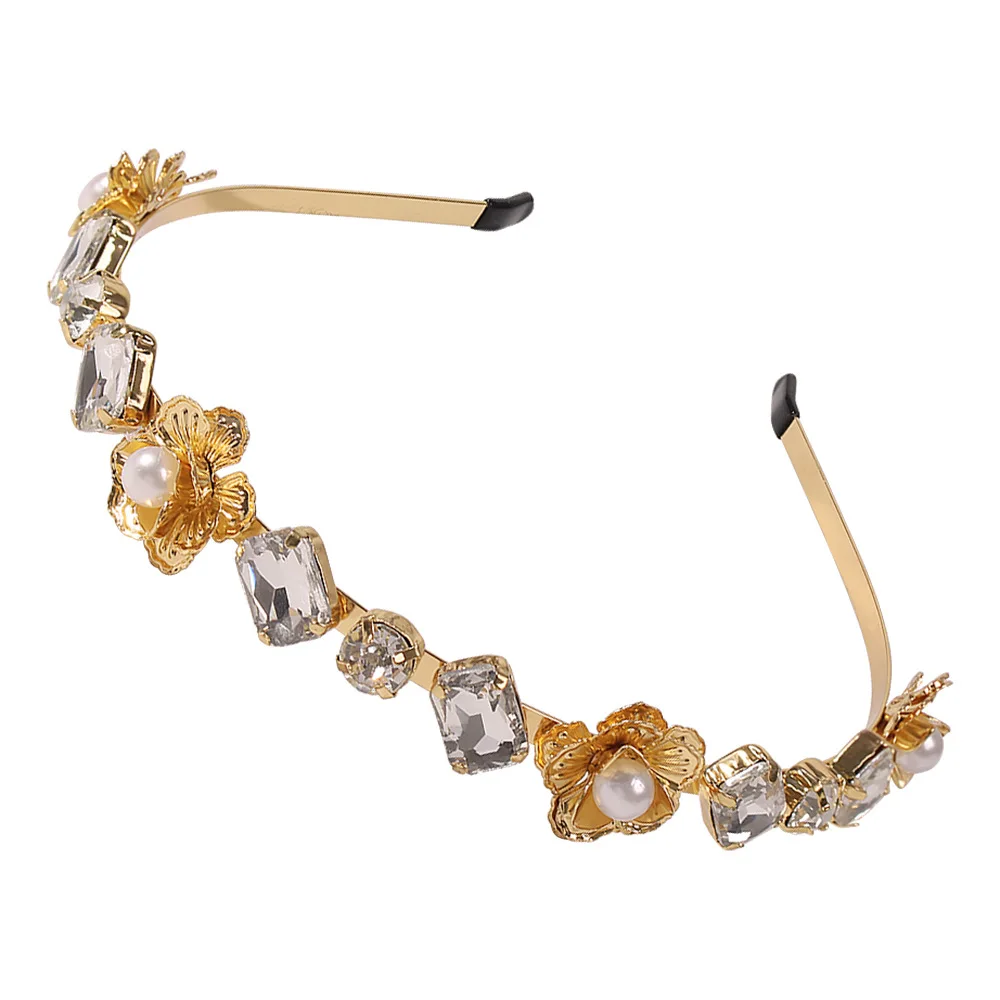 Luxury Hair Accessories Square Round Thin Metal Head Hoop Crystal Diamond Headband For Women Flower With Pearl
