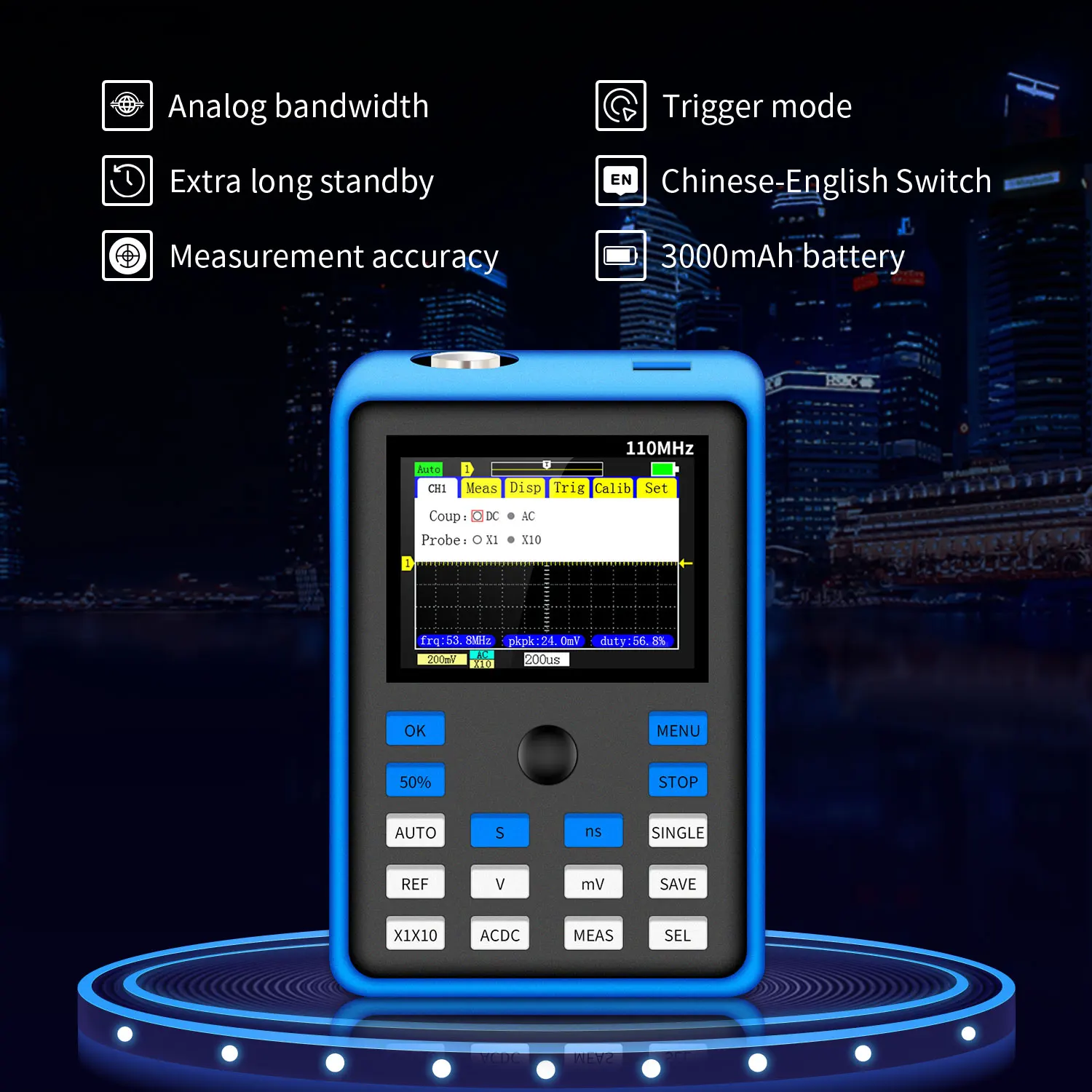 DSO1C15 Professional Digital Oscilloscope 500MS/s Sampling Rate 110MHz Analog Bandwidth Support Waveform Storage