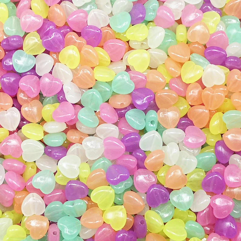 100pcs 10mm Acrylic Luminous Beads Mixed Color Acrylic heart Beads for DIY Jewelry Making Necklace Bracelet