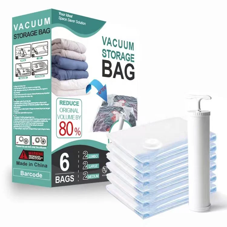 Transparent Space Saver Vacuum Compression Vacuum Compressed Flat Vacuum Bags For Cloth Storage With Hand Pump