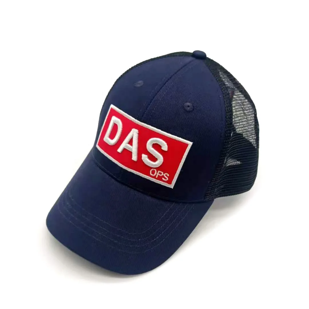 6 panel sports custom embroidery embroidered applique patch gorros navy blue wholesale curved brim trucker hats caps in bulk