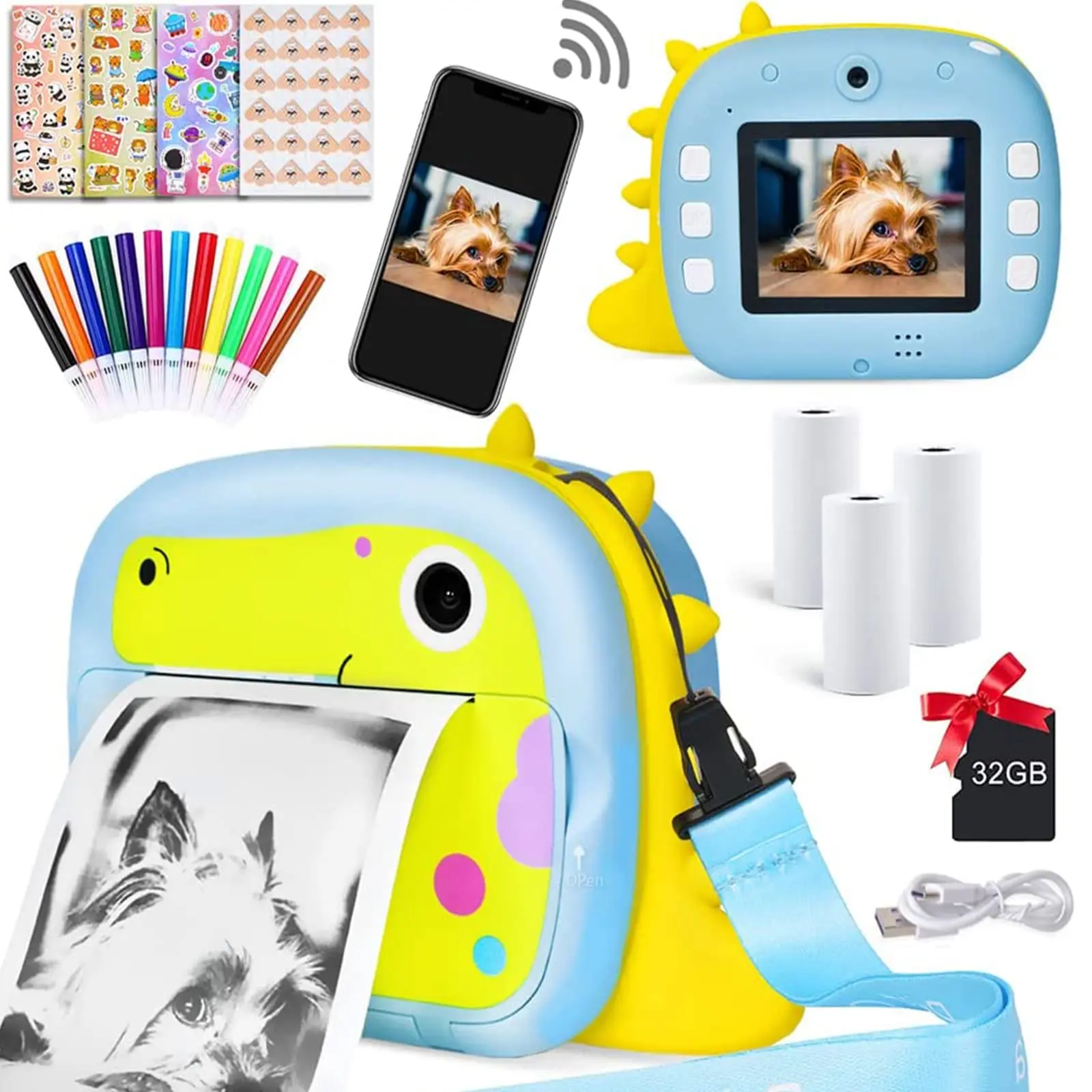 Blue Dinosaur 2.4 inch WIFI Selfie Photo Video Sticker Printed Kids Camera Instant Print Toy for Children