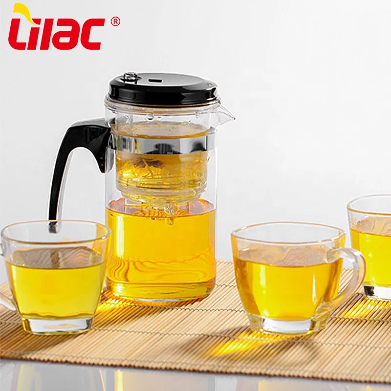 Lilac BSCI SGS LFGB 500ml glass tea pot release one button filtration chinese style tea set glass teapot