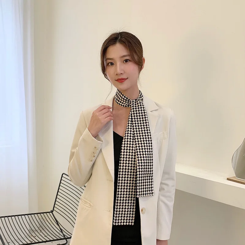 2021 new thin narrow long plaid silk scarf female temperament elegant hair band retro hair tie strap