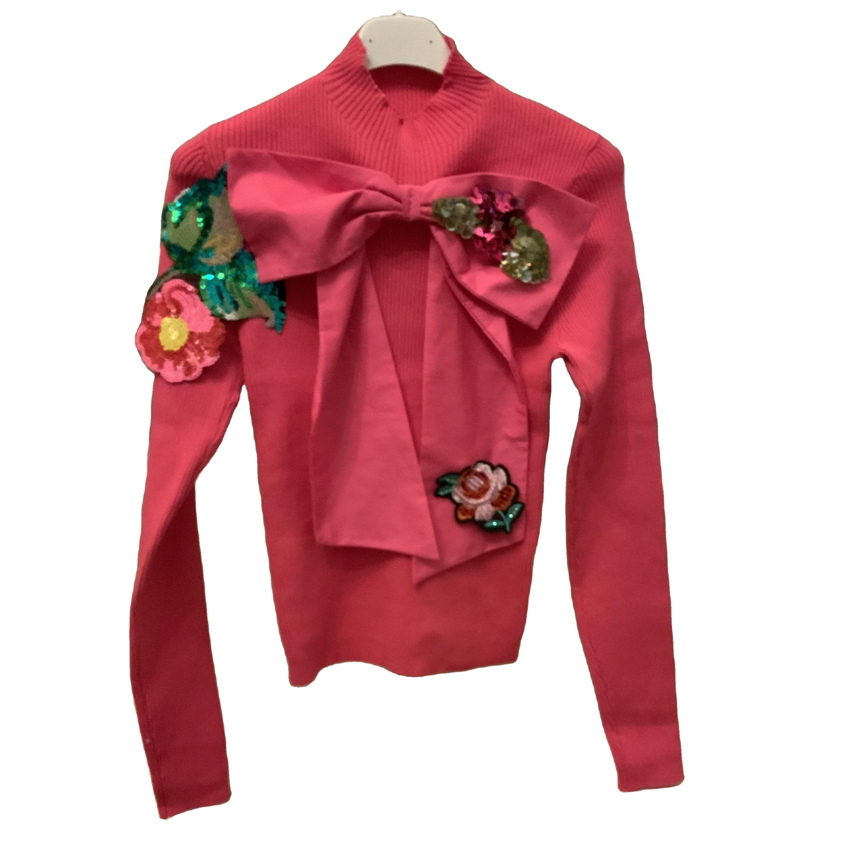 Сделано в Италии женский свитер с тканевым бантом спереди и цветочной вышивкой хорошее качество пряжа