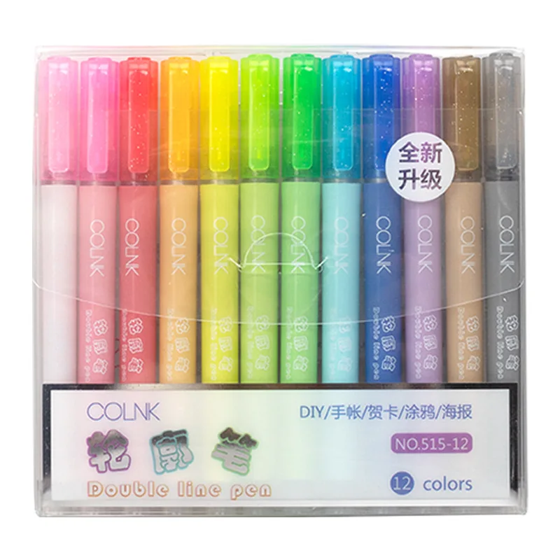 12-Color Double Line Outline Marker Highlighter Pen Set for Promotional Planners and Student