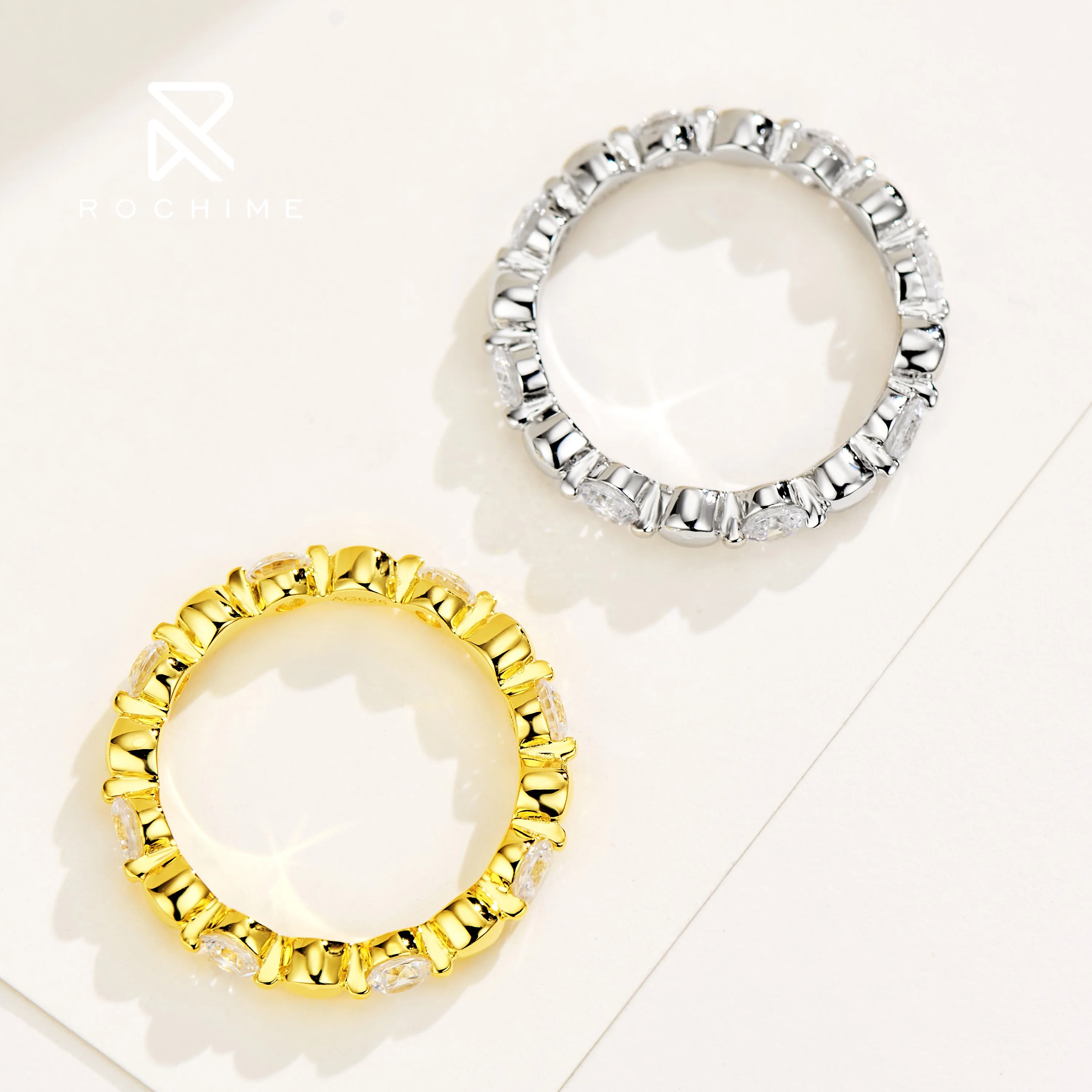 Rochime  vintage eternity band yellow gold plated S925 silver ring luxury fine jewelry for female