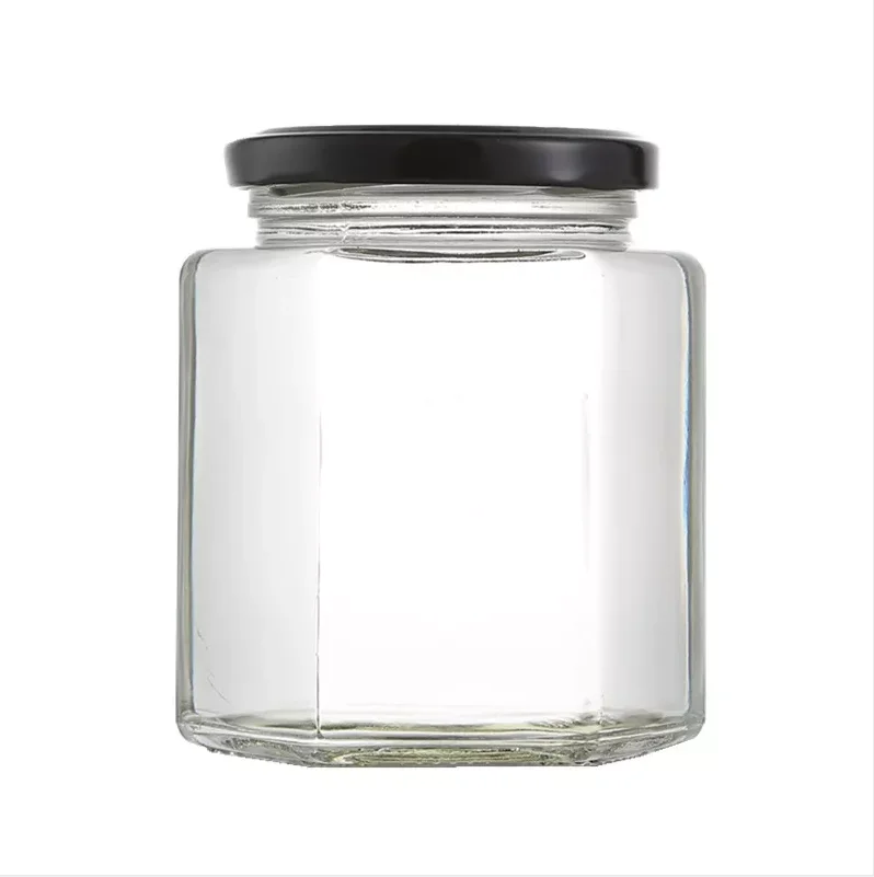 High Grade Hexagon Glass Honey Jars Jam Sauce Pickle Storage Bottle with Metal Lids