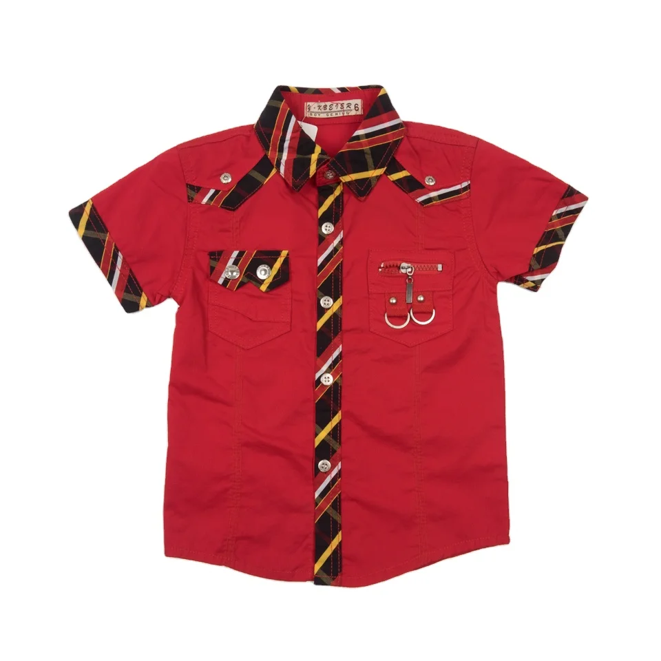 
Button Down Shirt Short Sleeve Cotton Boys Casual Top Blouse Shirts plaid zipper Pocket Technics Style 