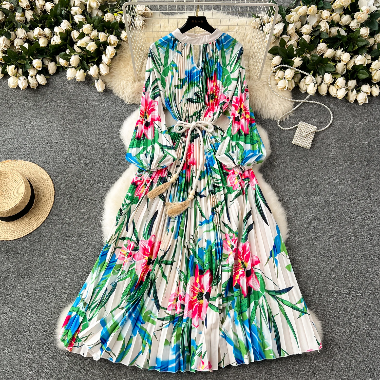 LE2522 Mature Loose Maxi Floral Print Dresses Woman Hollow Office Lady Belted Large Size Long Evening Dress Socialite Party Robe