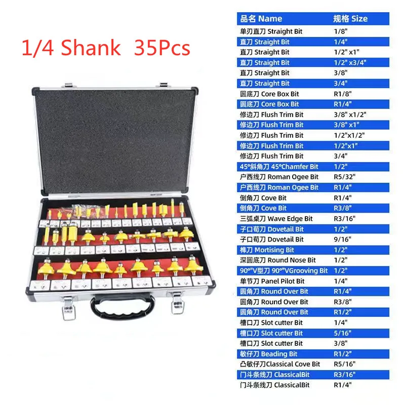 35Pcs Wood Tungsten Carbide Milling Cutter Sets 8mm  6.35mm  12.7mm 1/2 1/4 inch Shank Wood Tools CNC Router tools