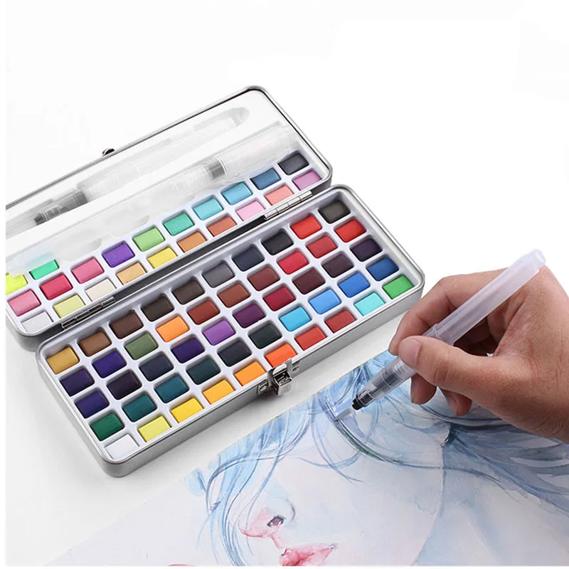 Professional Artist Grade 72 Colors 52 Regular Colors 20 Metallic Colors Solid Watercolor Paint Set for Painting