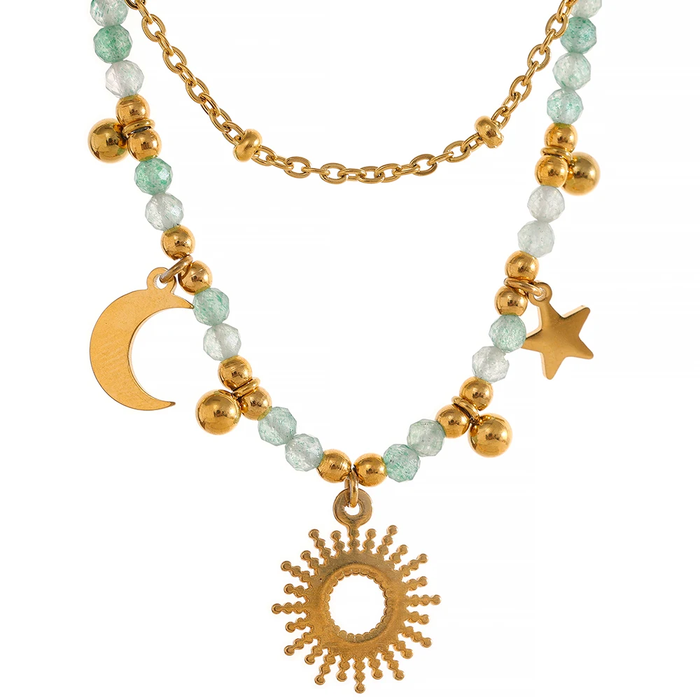 JINYOU 433 Natural Stone Beads Handmade Double Chain Layered Stainless Steel France Necklace Charm 18k Gold Plated Jewelry