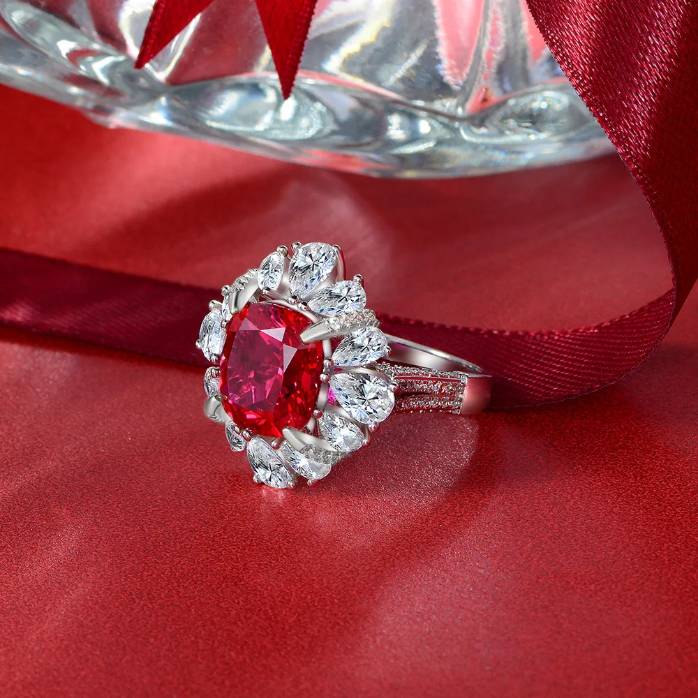 Jewelry 2024 New Simulated Ruby 6 Carat Fat Square 10 * 11 Luxury Full Diamond 925 Sterling Silver Ring