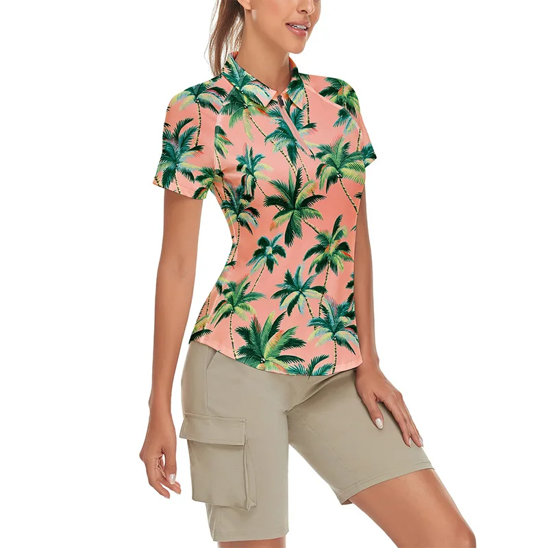 2024 High-Quality Classic Summer Beach Pattern Custom Short Sleeve Sports Women 100% Cotton Printed Golf Shirt Custom