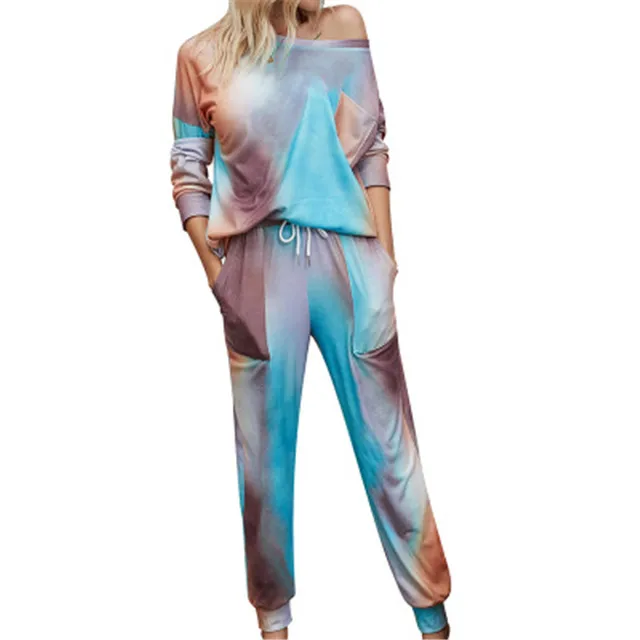 New women home set tie dye long sleeved trouser gradual pajamas