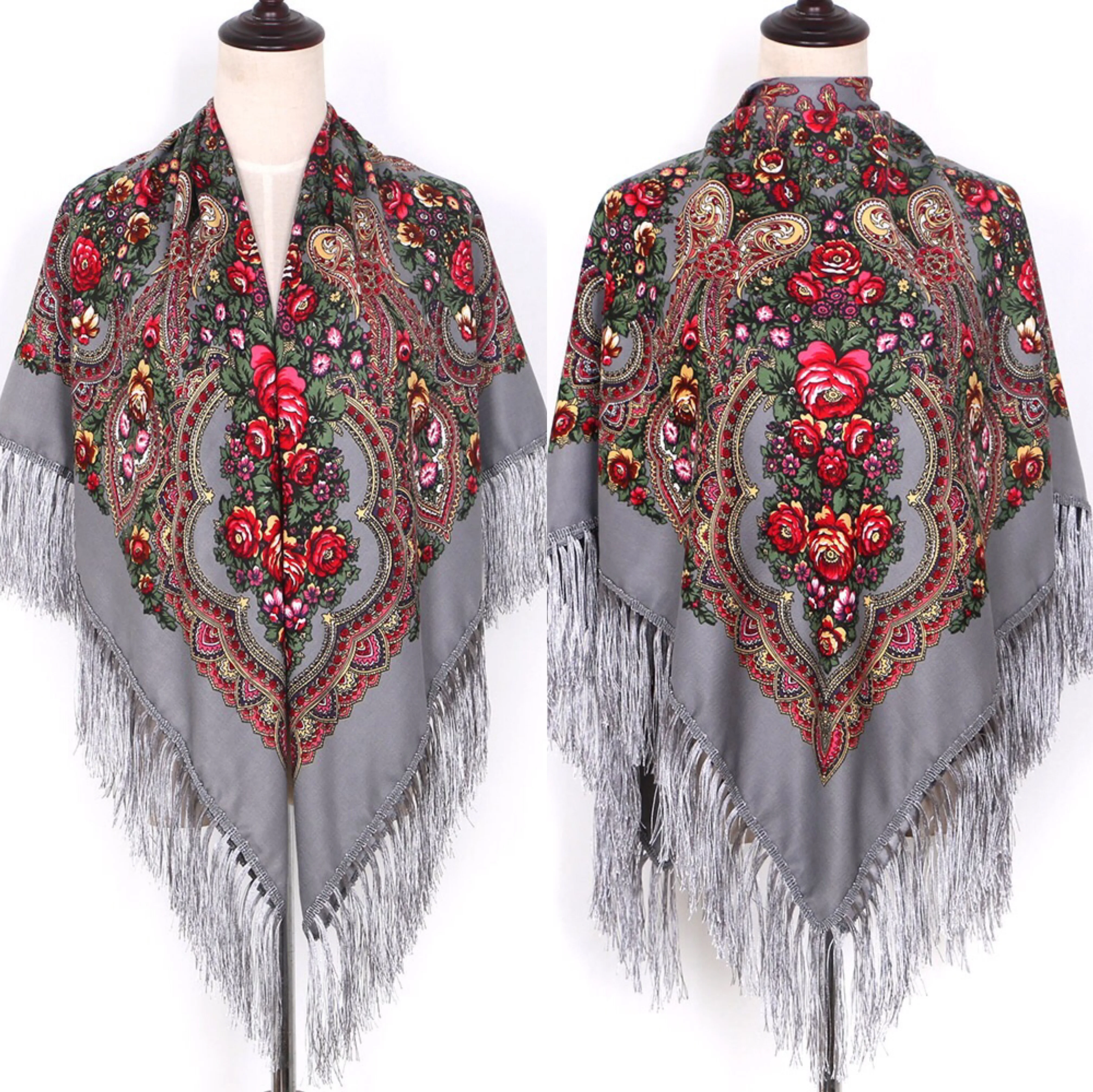 Long fringe russian shawl wrap floral pattern warm thick print women squares scarf