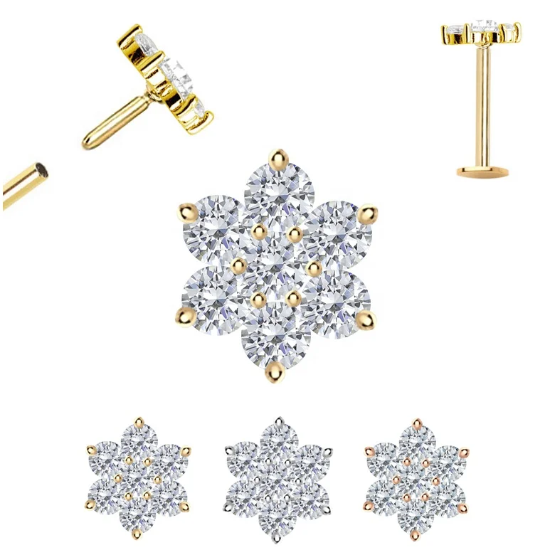 14K Solid  Gold Piercing Cartilage Earring Flower CZ Earring Flat Back Push-In Labret Stud Body Jewelry