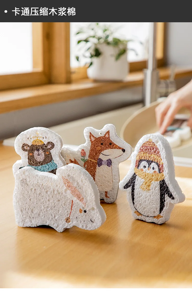 Compressed Wood Pulp Cotton Cartoon Sponge Dishwashing Sponge Absorbent Non-Stick Natural Wood Pulp Sponge Magic
