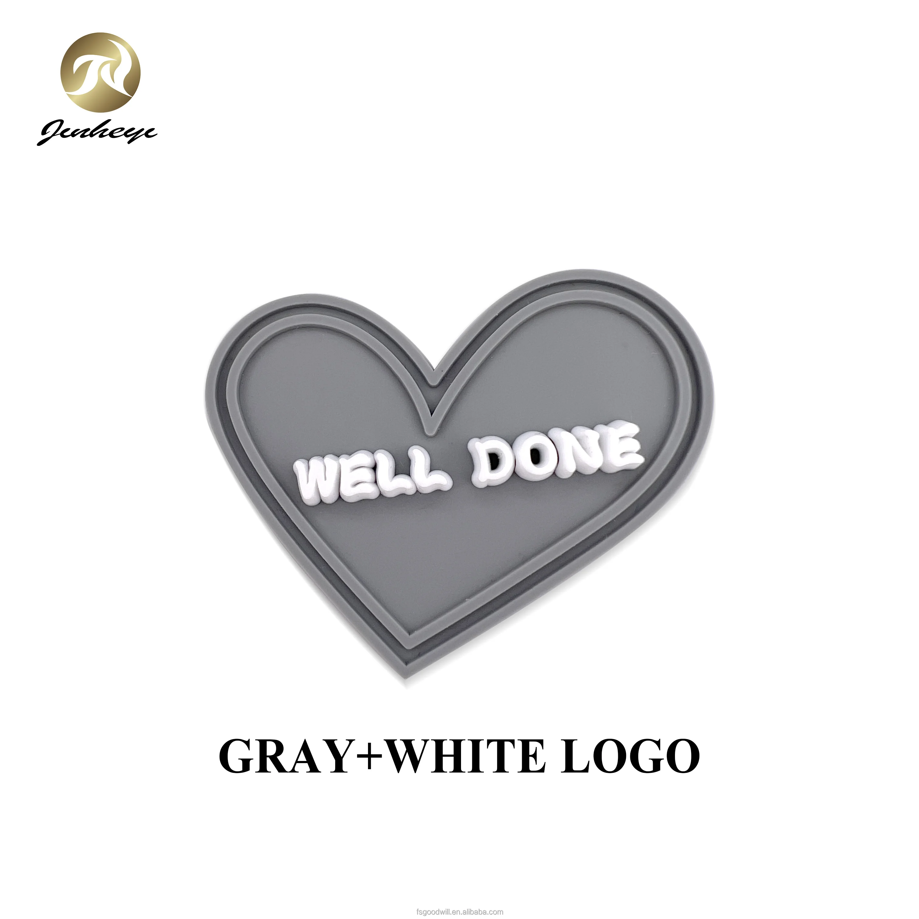 Custom Heart Shape Gary With White Embossed Logo Rubber Patches Logo Sew On Logo For Clothes